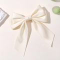 Creamy white satin bow hair clip with long ribbons for girls' elegant daily hairstyle - Cream