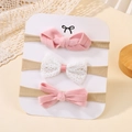 Three-pack baby nylon headbands with pink fabric and white lace bows on card - Pink Mixed Style (3F)