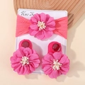 Pink infant headband and sock set featuring layered large 3D fabric flower decorations - Hot Pink