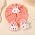Pink cotton baby hat and socks set with cute white plush bunny ears decoration - Set / Coral Pink (1)