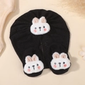 Black cotton baby turban hat and socks set with cute 3D plush bunny ear decorations - Set / Black (2)