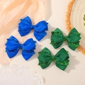 Glitter bow hair clips set featuring royal blue and emerald green layered ribbon hairpins - 4E