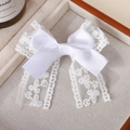 White satin ribbon bow hair clip with floral lace detail for girls and lolita fashion - Style 3