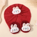 Newborn baby red turban hat and sock set with cute white plush bunny details - Set / Red (3)