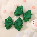 Handmade pair of green glitter and grosgrain ribbon hair bows for girls' party hairstyles - 2A-39