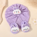Infant purple knitted turban hat and sock set featuring cute 3D bunny designs - Set / Purple(4)