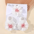 Baby headband and socks set featuring large white 3D flowers with pink ribbon centers - White
