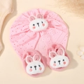 Pink cotton baby hat and socks set with cute 3D bunny ears and heart textures - Set / Pink (5)