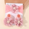 Pink knit baby headband and socks set with 3D floral accents for infants - Set (Without Cardboard) / Pink