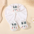 White cotton baby hat and socks set with cute plush green-eared bunny patches - Set / White (6)