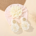 Turbante rosa para bebé con flor grande 3D y calcetines florales crema a juego - Conjuntos / Rosa Claro y Crema