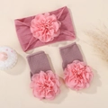 Set fascia e calzini rosa per neonati con grandi fiori decorativi in tessuto 3D per bebè - Set Pasta di Fagioli Scuri
