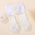 White baby headband and socks set featuring layered chiffon flowers and ribbed knit texture - White 3-Piece Set