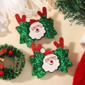 Christmas bow hair clips set with green sequins, Santa Claus and red antlers - Green Glitter Red Antler Santa Style