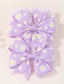 Set of two purple grosgrain ribbon hair bows with daisy floral print for girls - Purple Daisy Pattern (2A-3)