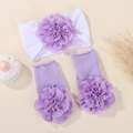 Baby headband and sock set with purple 3D chiffon flowers for infant girls photography - White Purple Set