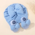 Hellblaues Strick-Turban-Mützchen für Babys mit großer Schleife und passenden Söckchen - Blaues Stirnband und Socken