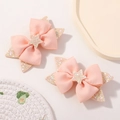 Set of two pink ribbed bow hair clips with glitter stars for girls cute hair accessories - Butterfly Pink
