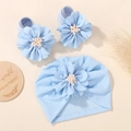 Light blue waffle knit baby turban hat and matching foot flower set for infants - Sky Blue Headband + Socks