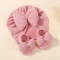 Pink knitted baby turban hat and matching bow socks set for newborns in soft cotton - Pink Headband and Socks
