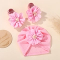 Pink newborn turban hat and matching floral socks set with large chiffon flowers - Coffee Headband + Socks