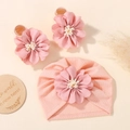 Pink infant turban hat and decorative socks set with large 3D fabric flowers - Pink Headband and Socks