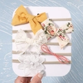 5-piece baby headband set with floral bows and lace flowers on grey nylon bands - Ginger Yellow Series (5I)