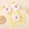 Pale yellow baby turban and socks set with large 3D white floral embellishments - Ginger Yellow Headband + Socks
