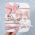 5-piece baby headband set with pink floral and lace bows on nude nylon bands - Pink Plaid Style (5N)