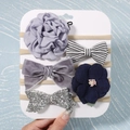 5-piece set of baby nylon headbands with purple flowers and glittery fabric bows - Deep Blue Grey Series (5o)