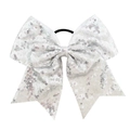 Detail view of large 8 inch sequin bow hair tie with silver sequins and black elastic band - Silver White (22)