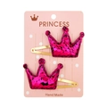 Detailed view of two handmade pink sequined crown hair clips for kids on princess card - Rose Pink Crown Sequin (14)
