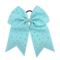 Detail of 7 inch turquoise cheer bow hair tie with silver rhinestones and elastic band - Light Cyan