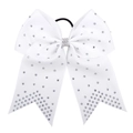 7-inch white grosgrain ribbon hair bow with silver rhinestones and black elastic band - White