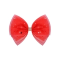 Macro detail of red mesh bow hair clip with silver stars and moons and golden glitter center - Sequin Star Moon Bow / Red