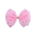 Detailed macro shot of a pink tulle bow hair clip with gold stars and moon patterns - Sequin Star Moon Bow / Pink