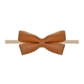 Infant nylon headband featuring a brown faux leather textured bow on a beige band - Brown Faux Leather Texture Style (10)