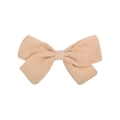 Close-up of peach linen bow hair clip showing cross-weave texture and natural fabric grain - Apricot (2)