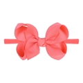 Elastic baby headband with a coral pink ribbed grosgrain bow on a soft white background - Coral Pink (27)
