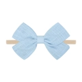 Light blue linen bow baby headband with soft beige elastic nylon strap for infants - Sky Blue Bow (29)