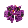 Close-up of Halloween hair bow with purple rib ribbon, bats, pumpkin and castle prints - Purple Castle Bat Print (3)