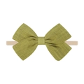 Grass green linen bow headband with soft nude nylon band for children and girls - Grass Green Bow (40)