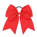 Detail of red grosgrain ribbon bow with textured weave and elastic black hair tie - Red