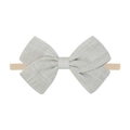 Elastic baby headband with a soft breathable linen bow in pale blue-grey color - Cyan Gray Bow (42)
