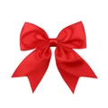 Detailed view of a bright red satin bow hair clip with smooth texture and classic swallowtail - True Red