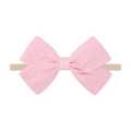 Pink cotton linen bow headband with soft nude seamless nylon band for infants - Lotus Pink Bow (11)