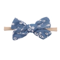 Detail view of blue denim bow headband with white daisy embroidery for baby girls - Blue Daisy Embroidery Bow (5)