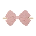 Close-up of pink linen bow on beige elastic nylon headband for babies and toddlers - Dusty Pink Bow (14)