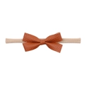 Detailed macro view of caramel leather bow on soft nylon infant elastic headband - Caramel Leather Bow (8)