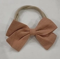 Pink linen baby bow headband with soft nylon elastic band for newborns and infants - Antique Pink Bow (58)